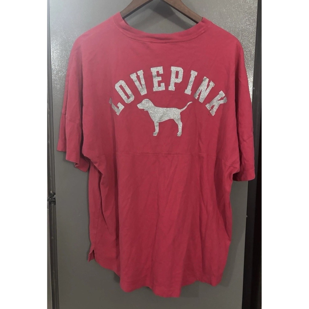 VICTORIA'S SECRET PINK OVERSIZED SHORT SLEEVE TEE Shirt‎ Glitter Women's Medium